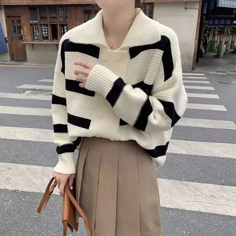 Polo-Neck Striped Knitted Cardigan Women\'s Clothing Korean Loose Autumn Winter Long Sleeve Basic Casual Double Breasted Sweaters