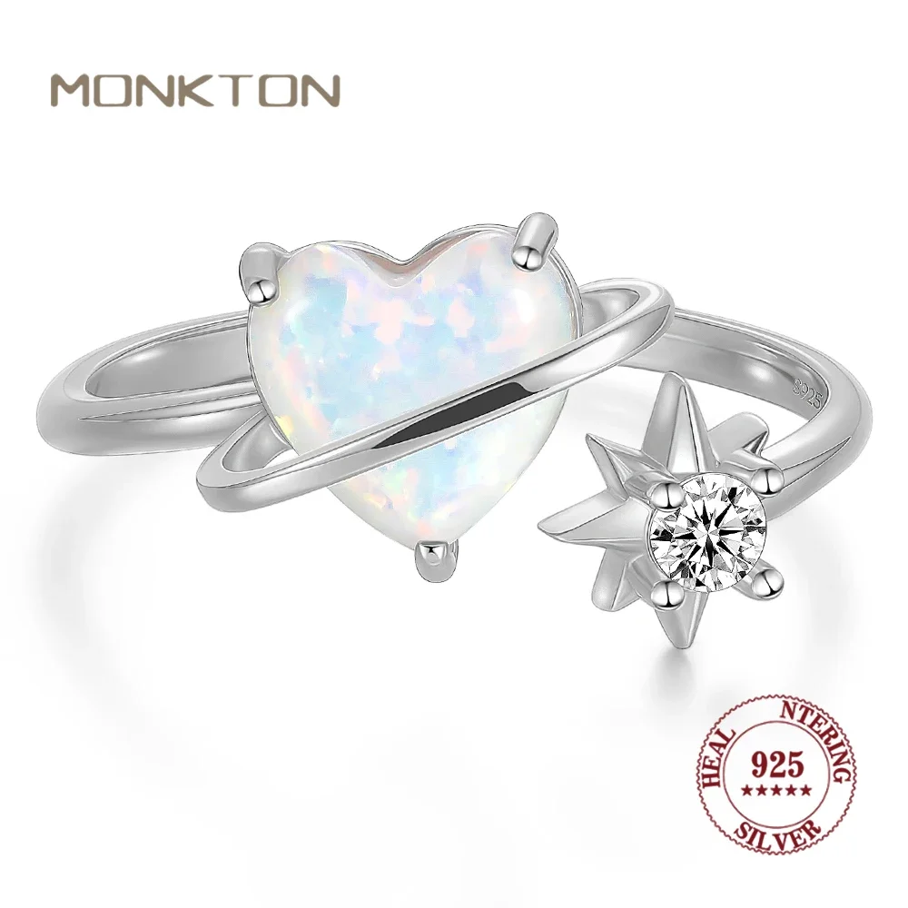 Monkton 100% 925 Sterling Silver Love Opal Heart Adjustable Ring for Women Unique Star Rings Valentine's Day Fine Jewelry Gift