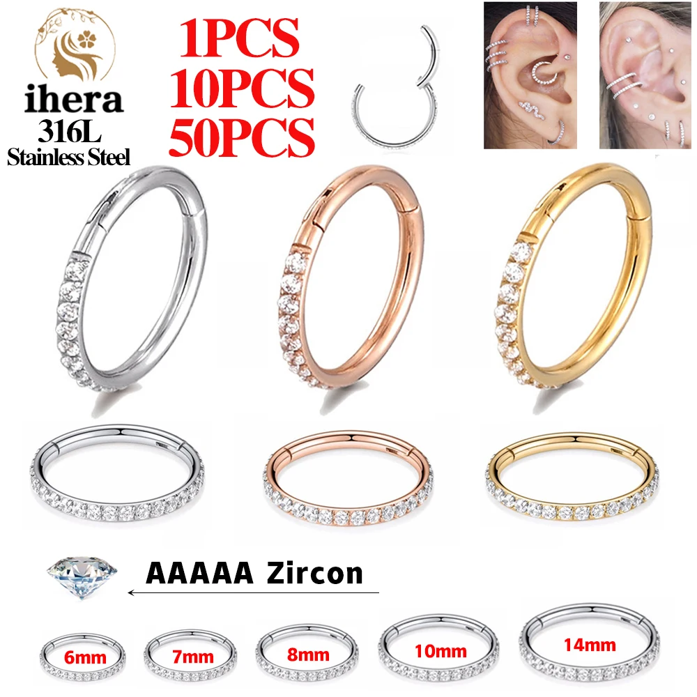 316L Stainless Steel Zircon CZ Hinged Segment Nose Septum Clicker Ring Round Earrings Hoops Ear Tragus Helix Piercing Jewelry