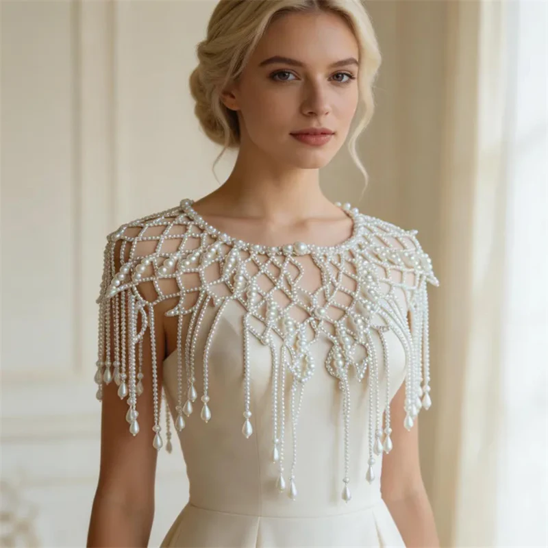 Brautschal mit Perlenbesatz, handgefertigter Quastenschal als Schulterüberzug für Braut, Abendgarderobe, Hochzeit/Brautaccessoires 2026 – Detail 4