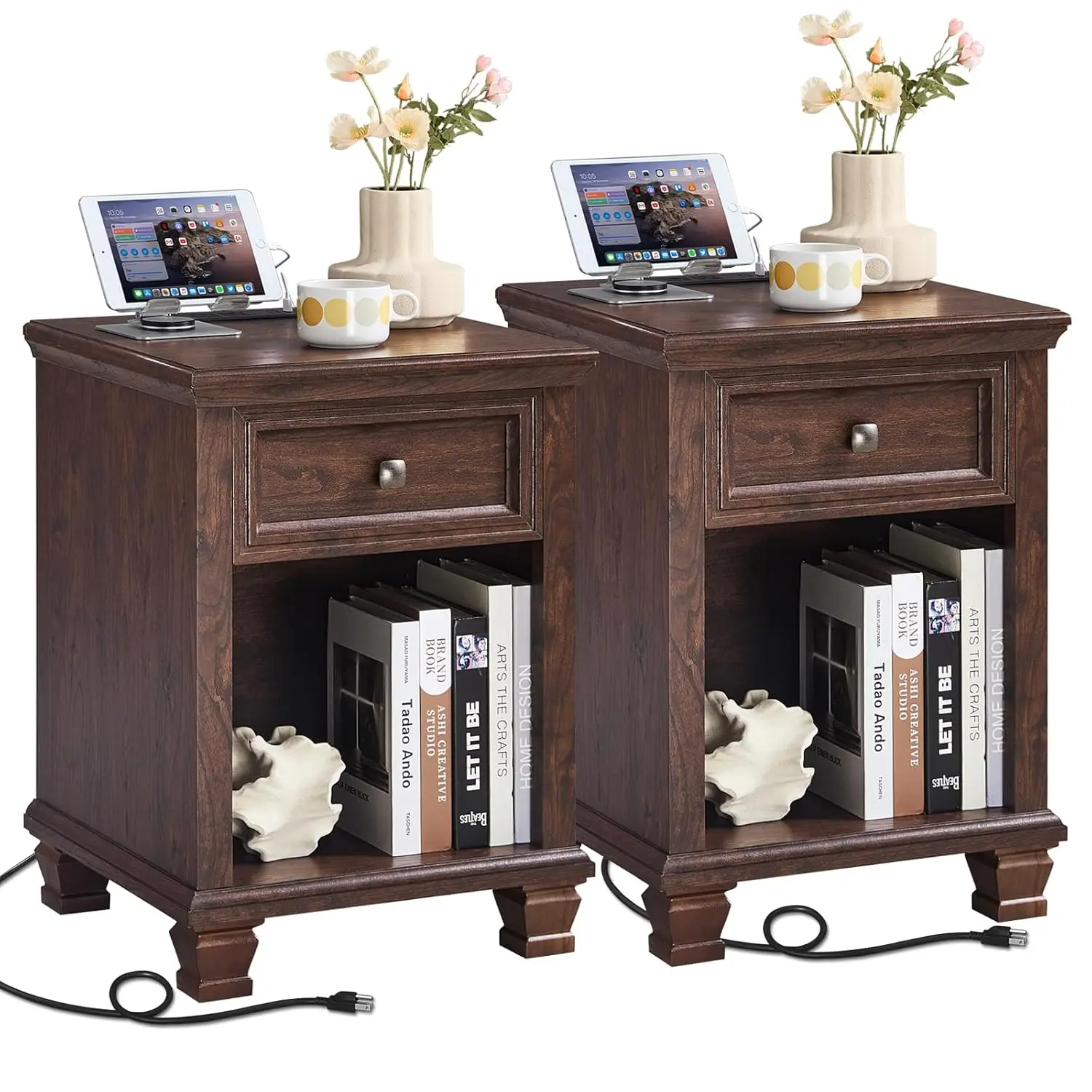

Farmhouse End Tables Living Room with Drawer, Rustic Wood Nightstand with Charging Station, Bedside Table with Open, Customized