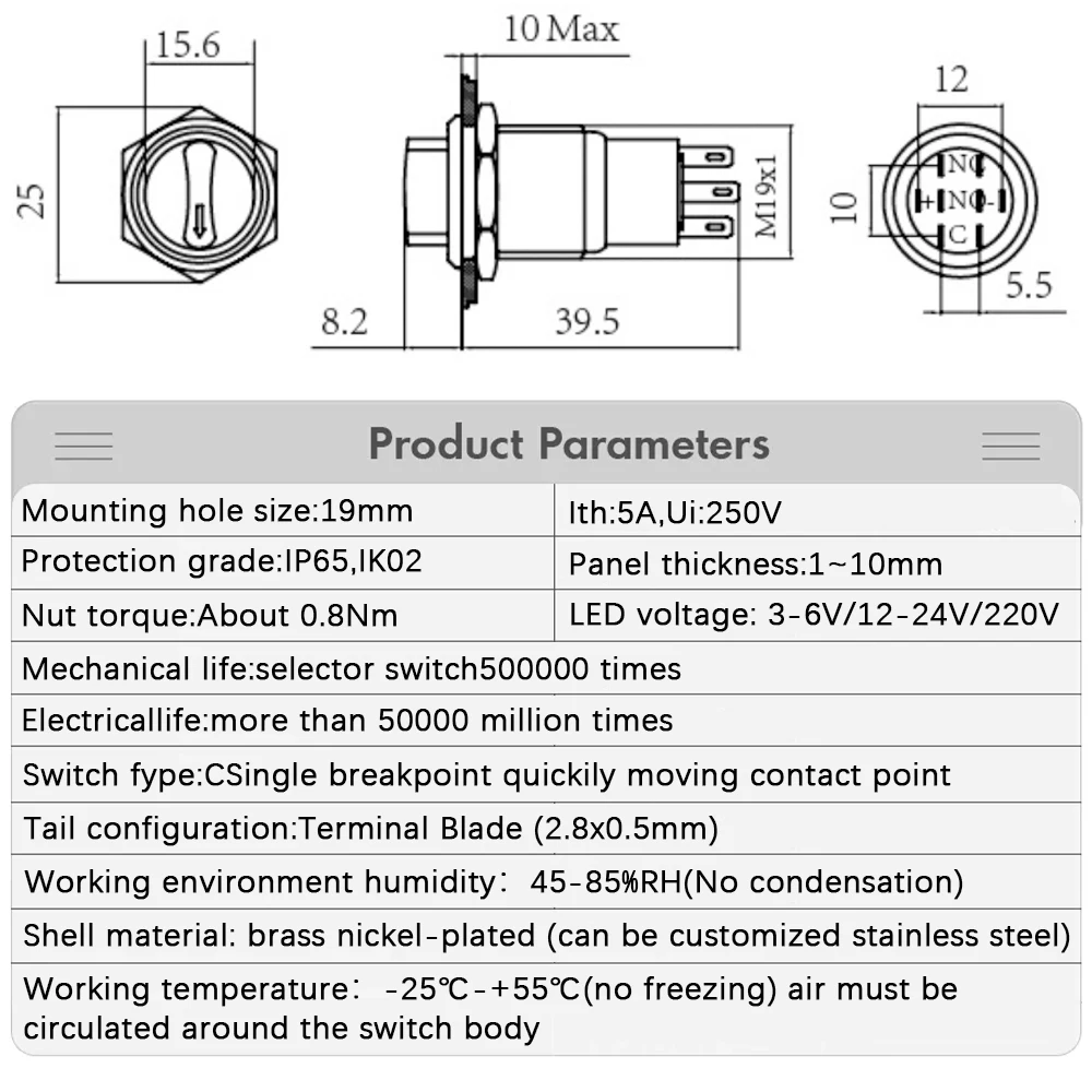 19mm 2 3 Position Switch Push Button Switch DPDT Illuminated Metal selector Rotary Switch with LED Waterproof Stainless Steel
