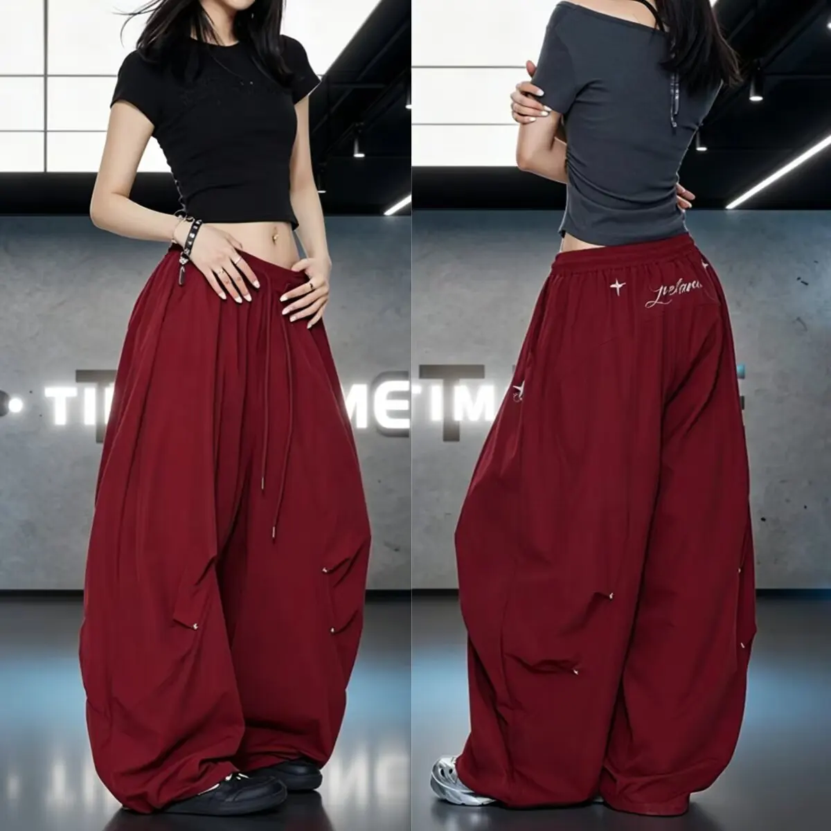 2026 Red Wide Leg Casual Work Pants for Women Loose Fit High Waist Jazz Dance Trousers American Style Printed Polyeste Pants