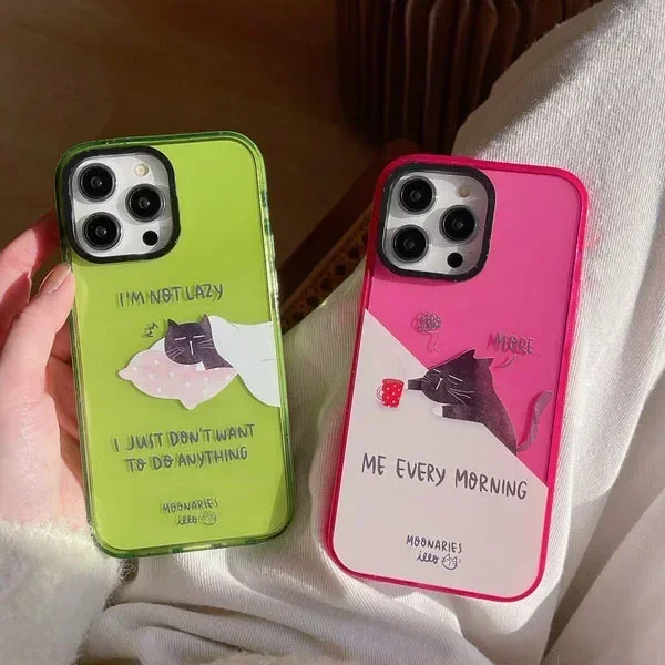 2.0 Version Acrylic Upgrade Border Black Cat Morning Phone Case Cover for IPhone 11 12 13 14 15 16 Pro Max Case