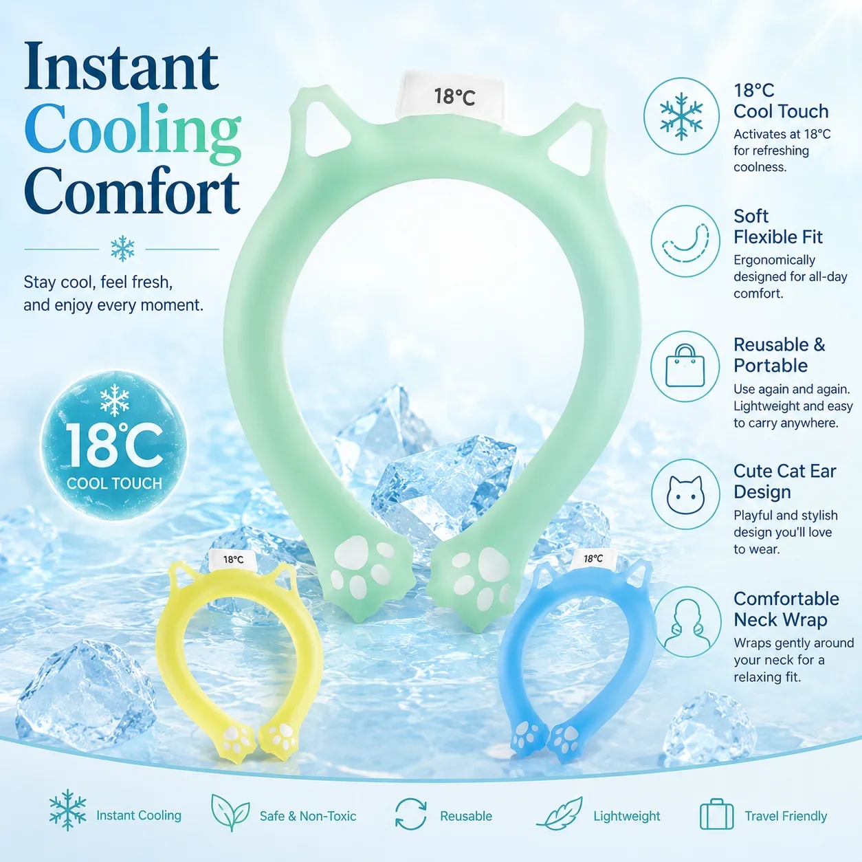 Summer Cool Neck Ice Ring, Outdoor Sports Cooling Neck Wrap, Portable Instant Chill Neck Band for Heat Relief