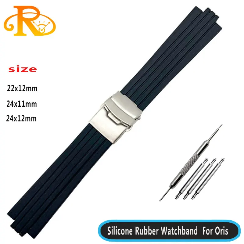 Silicone Rubber Watchband For Oris Aquis 7330 7740 Watch Band 22x12mm 24x11mm 24x12mm Convex Strap Wristband Black Blue