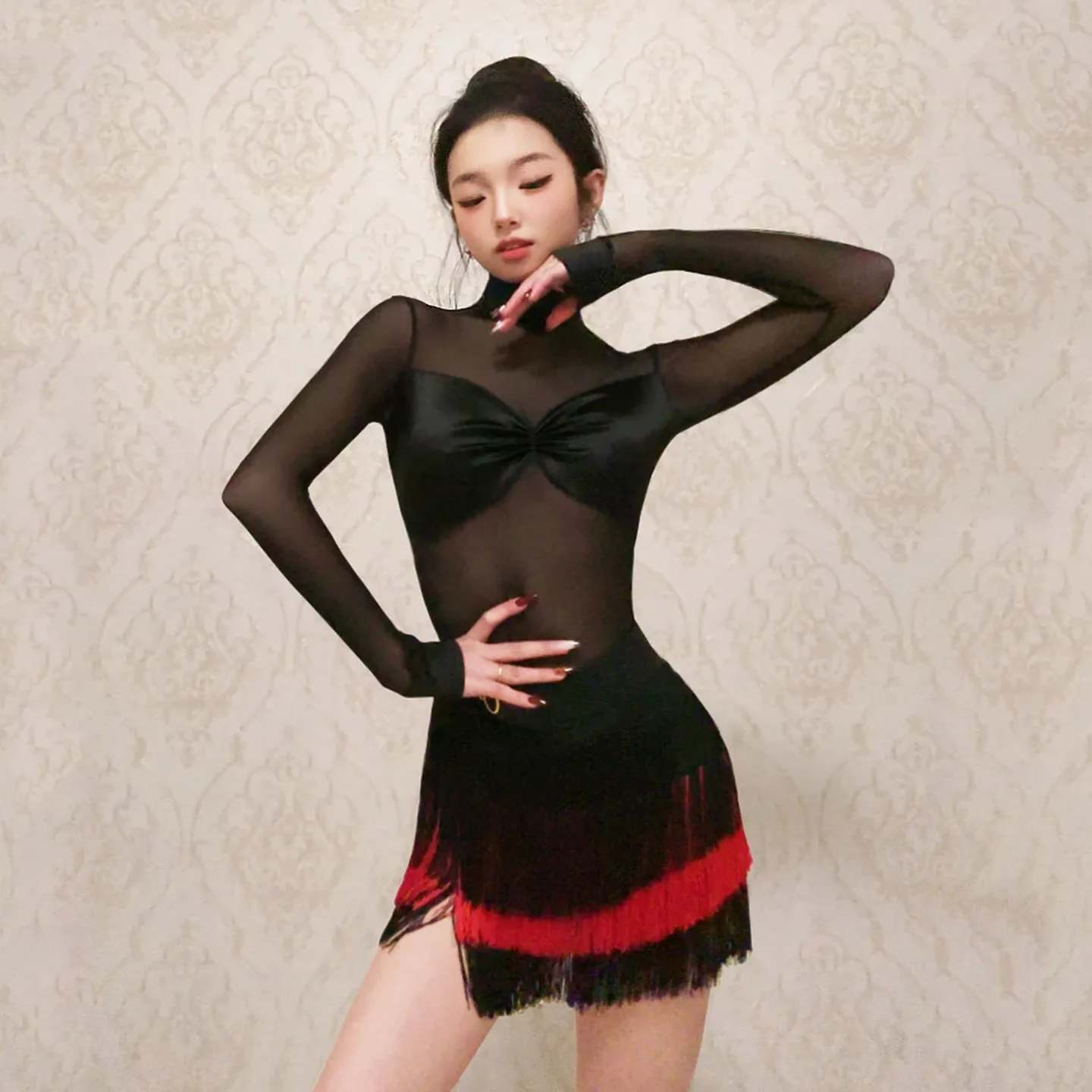 

Костюм для латинских танцев для женщин, одежда для выступлений, тренировочная одежда для танцоров, ча-ча, самба, сальса, тренировочная одежда, юбка с бахромой VBH2439