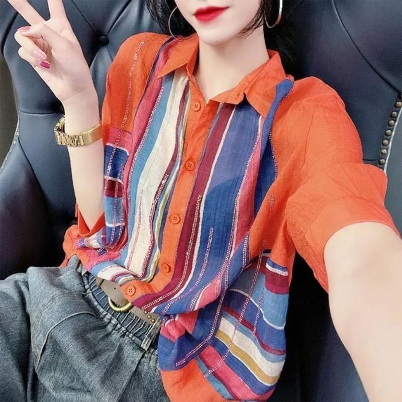 Casual Contrasting Colors Striped Spliced Shirt Women\'s Clothing Fashion Polo-Neck Summer Single-breasted Chic Diamonds Blouse