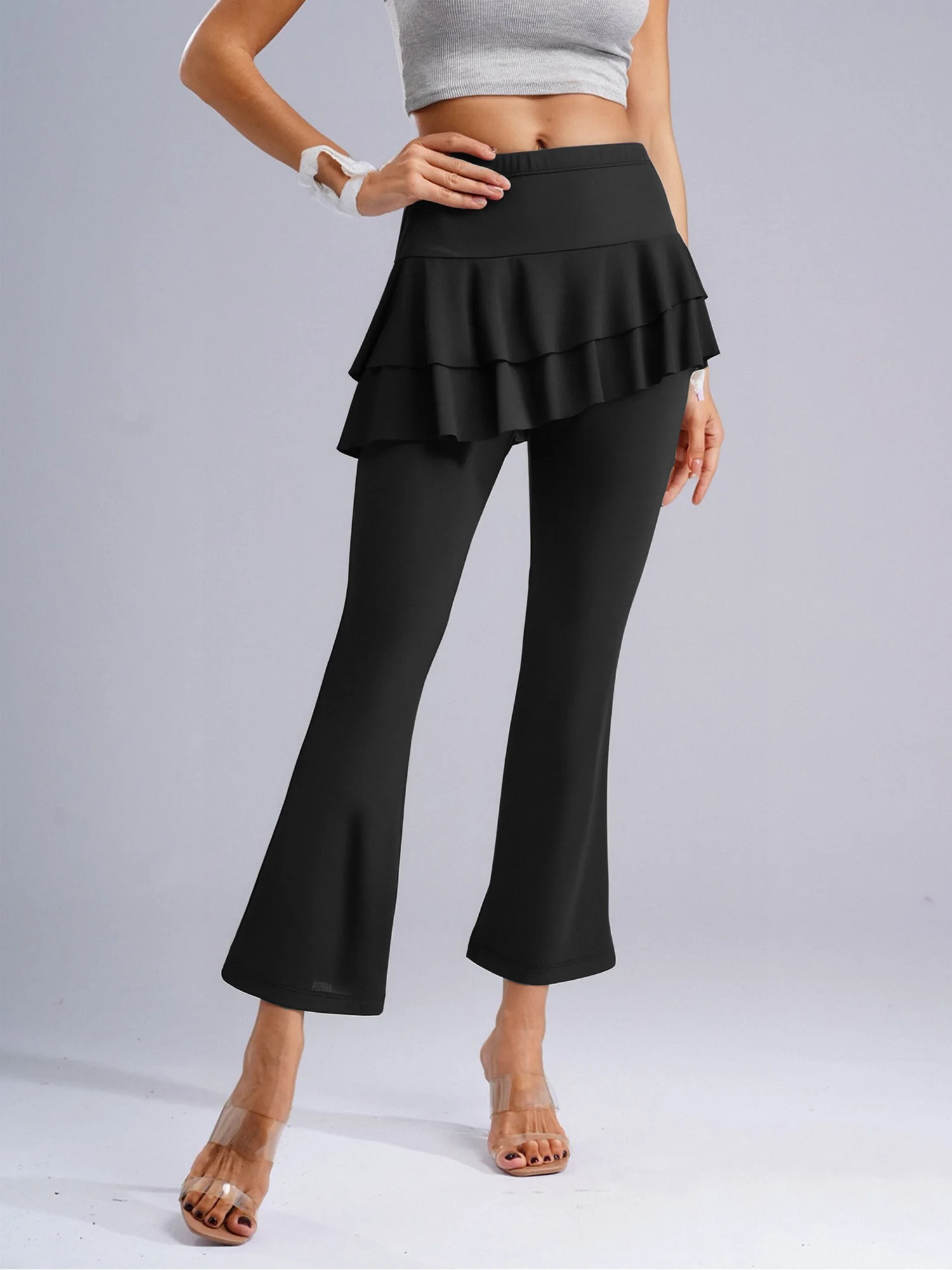 

Women Latin Tango Dance Culottes Pants High Waist Wide Leg Pants with Tiered Slant Hem Skirt Stretchy One-piece Pants