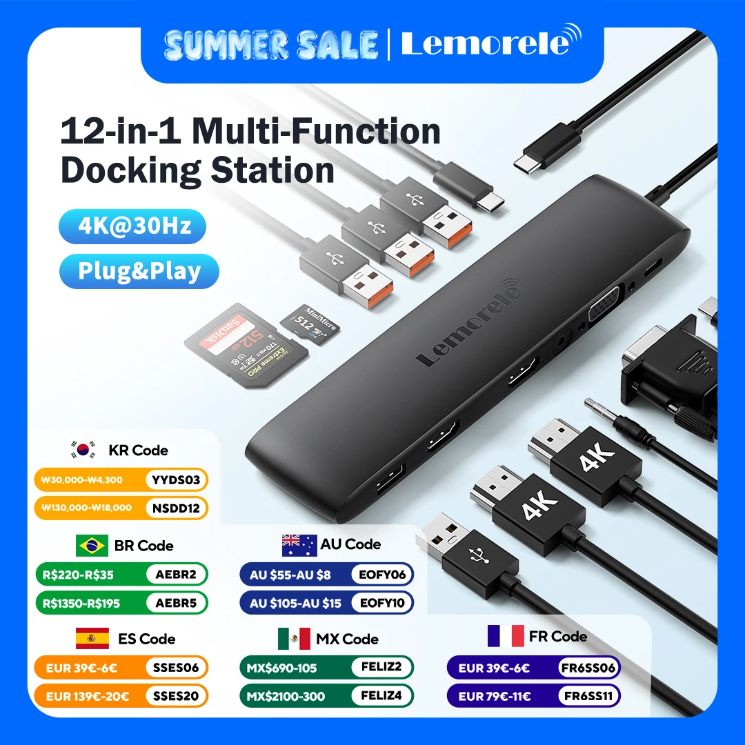 Lemorele 10Gbps USB Hub 12 IN 1 Type-C Docking Station VGA Port PC Laptop 2 HDMI 4K 30Hz Compatible Card Reader Docking Station