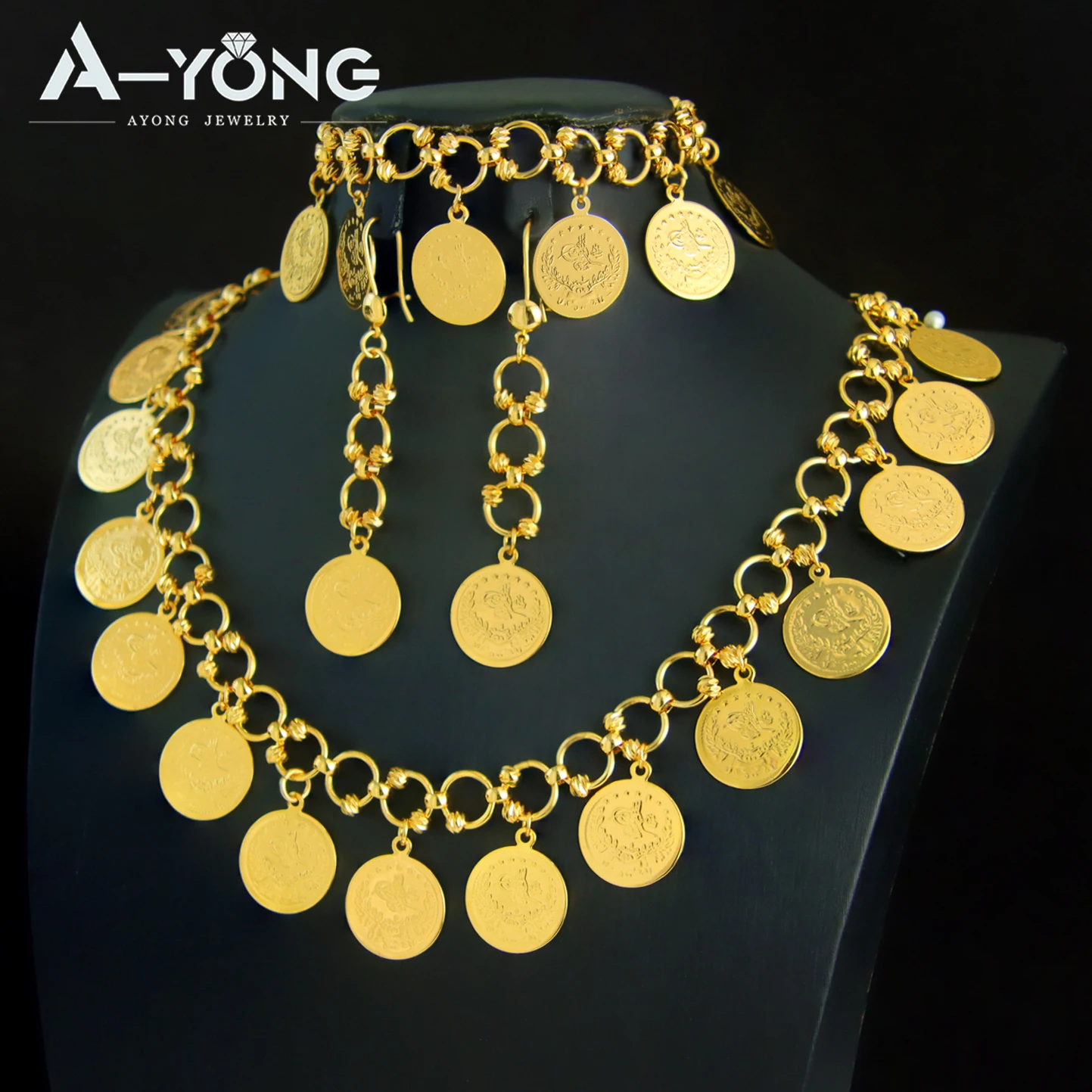

Saudi Arabia Muslim Coins Jewelry Set 24k Gold Plated Dubai Premium Bridal Wedding Necklace Bracelet Earrings Hip Hop Jewelrys