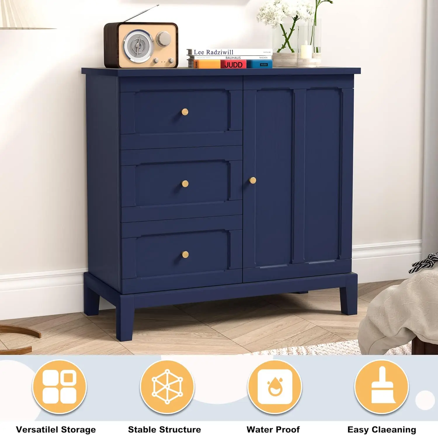 HLR Accent Cabinet with 3 Drawers and Door, Wooden Storage Cabinet with Shelves, Sideboard for Living Room, Entryway,