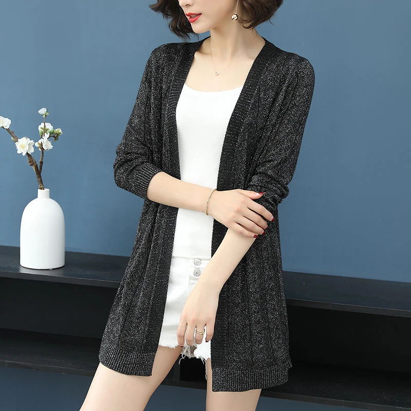 New Women Black Elegant Knit Cardigan Summer Lightweight Sunscreen Sweaters Mujer Female Korean Clothes Long Hollowed Out Shawl