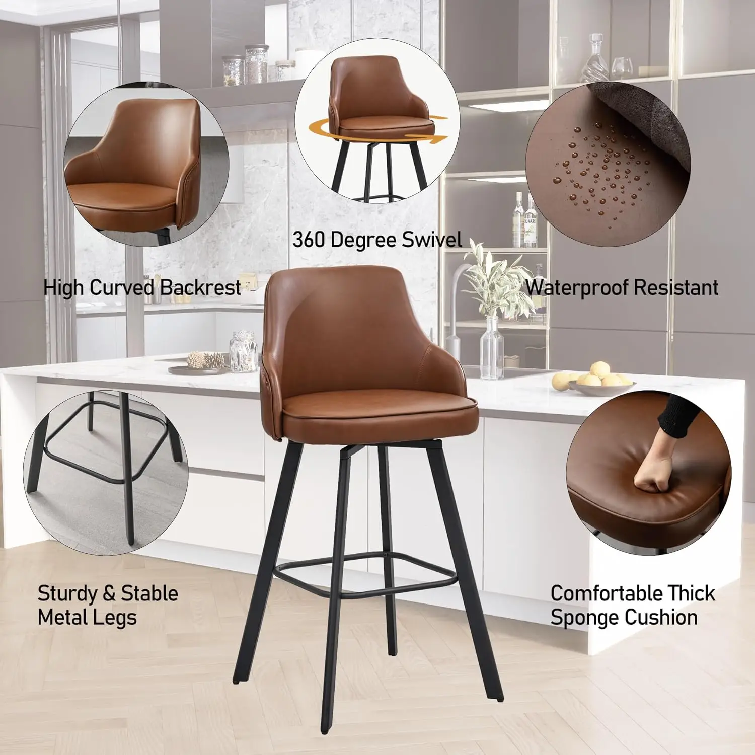 Bar Stools Set of 4, 30" Swivel Height  Stools with High Back, Faux Leather Kitchen ChairsHeight for Kitchen