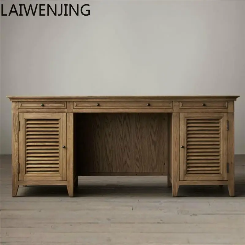

HLZ retro old shutter computer table furniture rural antique with drawers solid wood desk