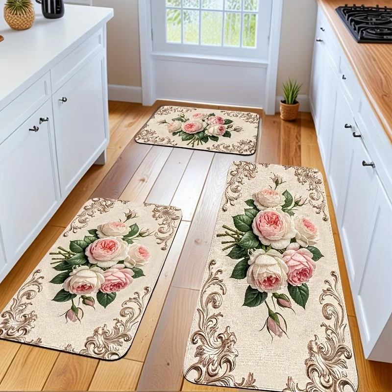 Vintage Rosen-Badematte, Schlafzimmermatte - Rutschfeste Küchenmatte, Maschinenwaschbar - Blumenmuster, Leicht zu Reinigen, Gemütliches Zuhause