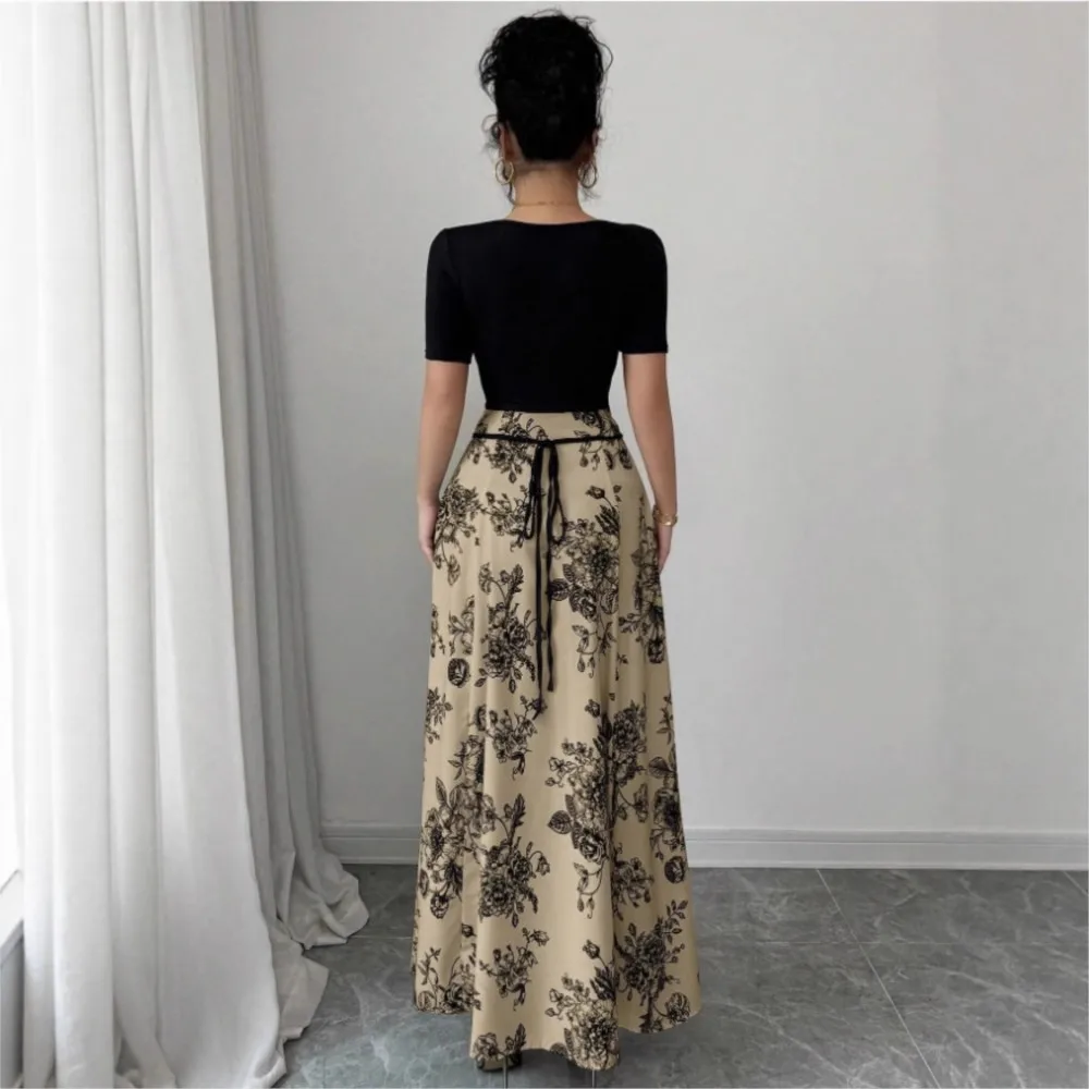 MsChuh Summer 2026 Party Dresses For Woman Printed Short-sleeved Evening Dress Patchwork Lace-up Vestidos Temperament Contrast