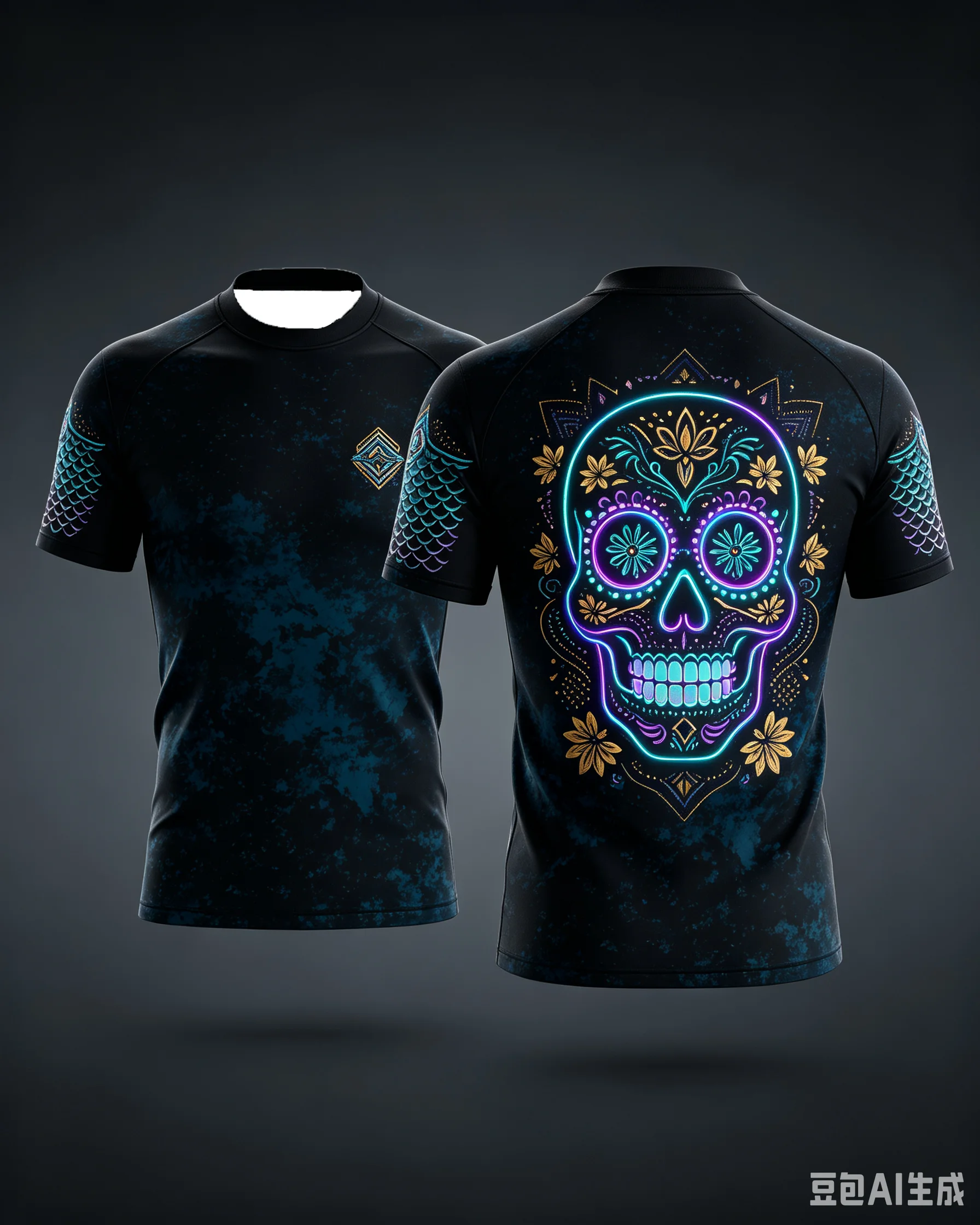 MEXICAN DAY OF THE DEAD T-SHIRT SKULL FLORAL AND FISH SCALE PATTERN DOUBLE-SIDED PRINT CASUAL SHORT-SLEEVED FOR FAMILIES