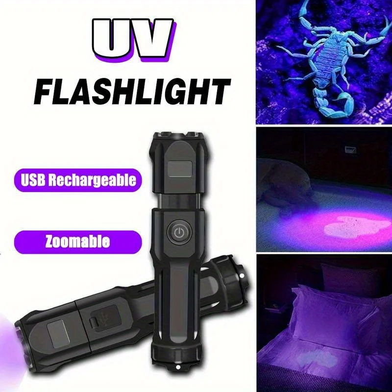 Portable UV Flashlight UV395NM Zoomable ABS Torch 3 Modes Camping Ultraviolet Flashlights For Pet Stacks Fluorescent Detection