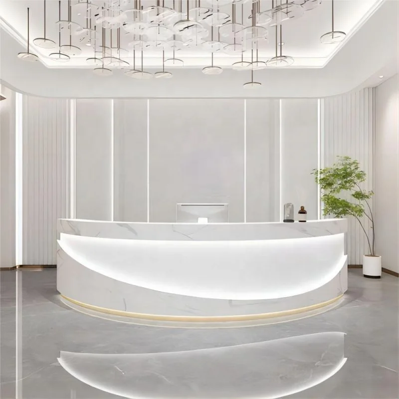 

Hongji Custom Store Display Design White Light Beauty Hospital Curved Reception Table With Glass Top