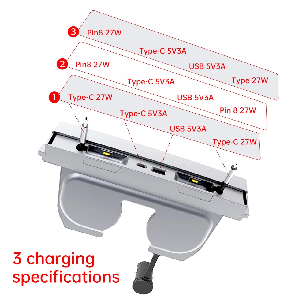 For Tesla Model 3 High land USB Hub 4-Port 27W Fast Charging with 80cm Telescopic charging cable Smart Docking Station Adapter