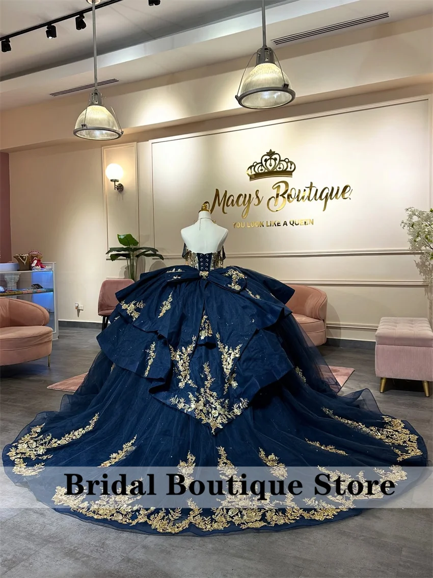 Robes De Quinceanera brillantes bleu marine, dentelle appliquée, perles, cristaux, nœud, fête d'anniversaire, douce 16, personnalisées