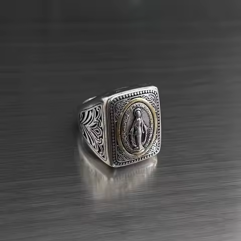 HX Silver Color Literary Faith Original Design By Our Lady of Notre Dame Ring Niche Style Hip-hop Retro Men and Women Jewelry
