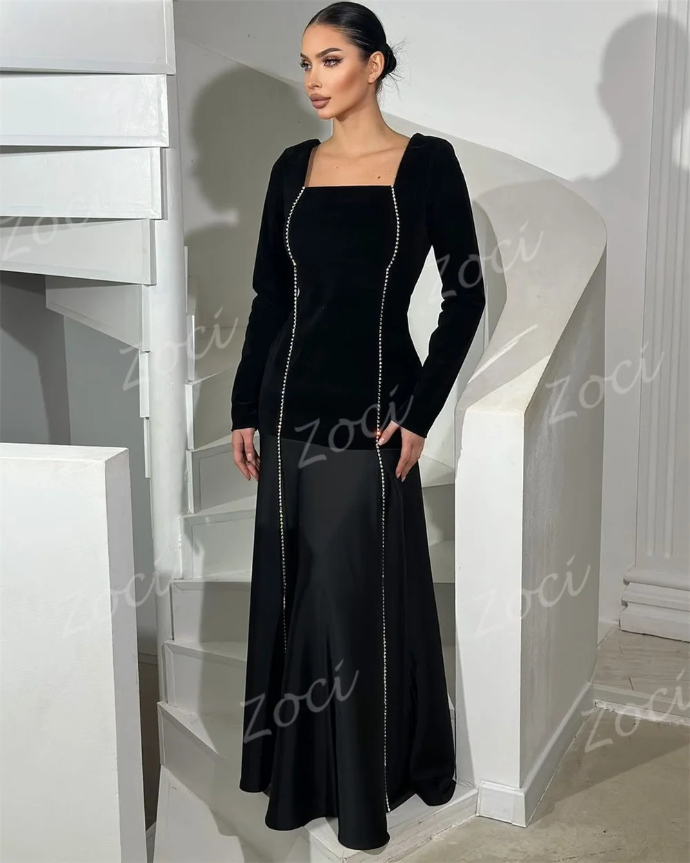 Zoci-vestidos de fiesta negros con cuello cuadrado, vestido de noche de manga larga con cuentas de satén, vestido Formal personalizado para ocasión de fiesta saudí