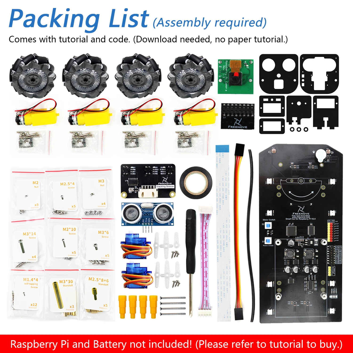 Freenove Mecanum Wheel Car Kit for Raspberry Pi 5 4 B 3 B+ Zero 2 W, Face Tracking, Line Tracking, Light Tracing, Ultrasonic