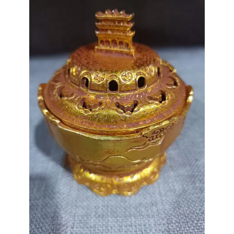 Gilt Ancient Style Dunhuang Bronze Zen Tea Ceremony Carved Sandalwood Incense Burner Craft Ornamen