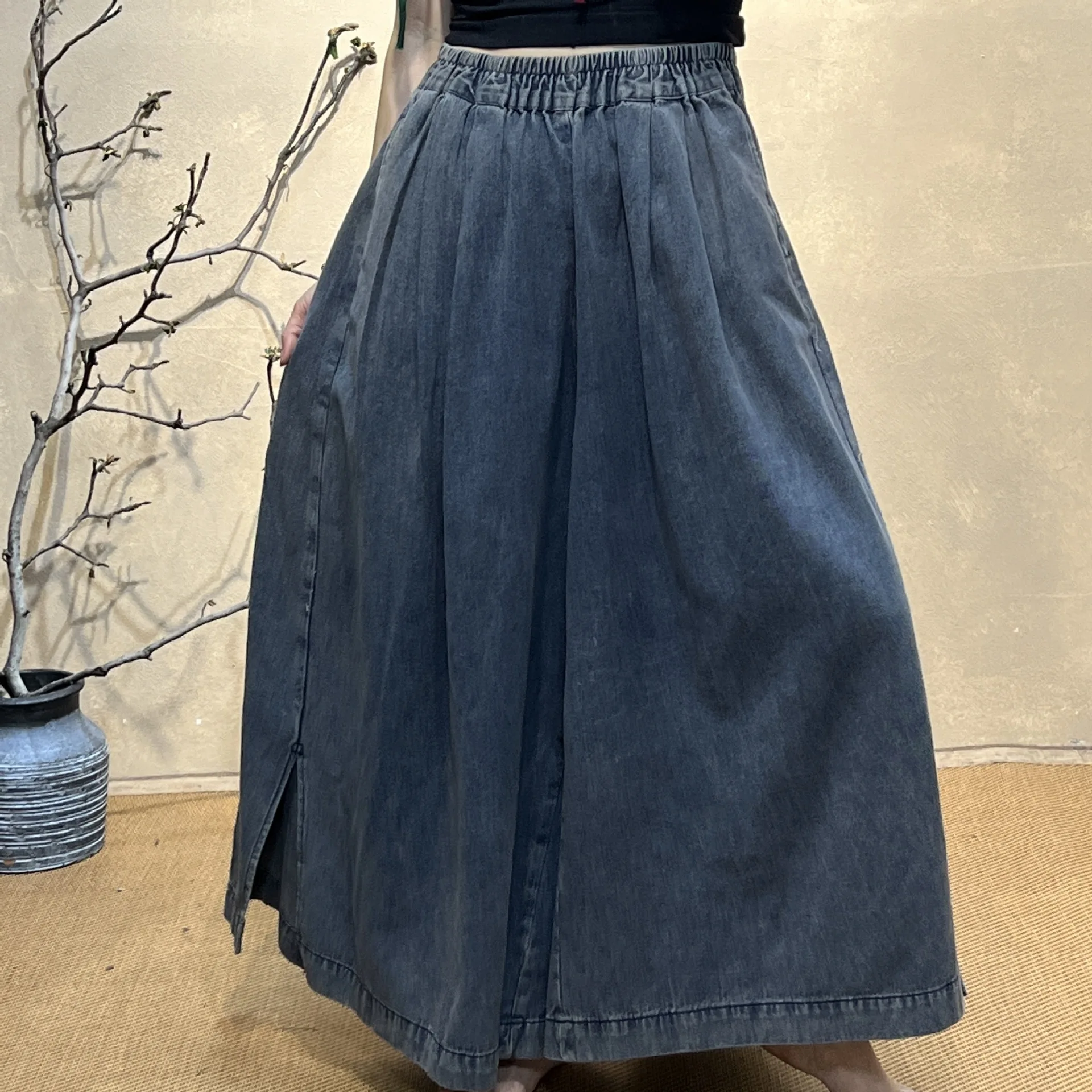 Female new summer thin large denim high waisted skirt pant artistic and vintage personalized loose fitting casual wide leg pant