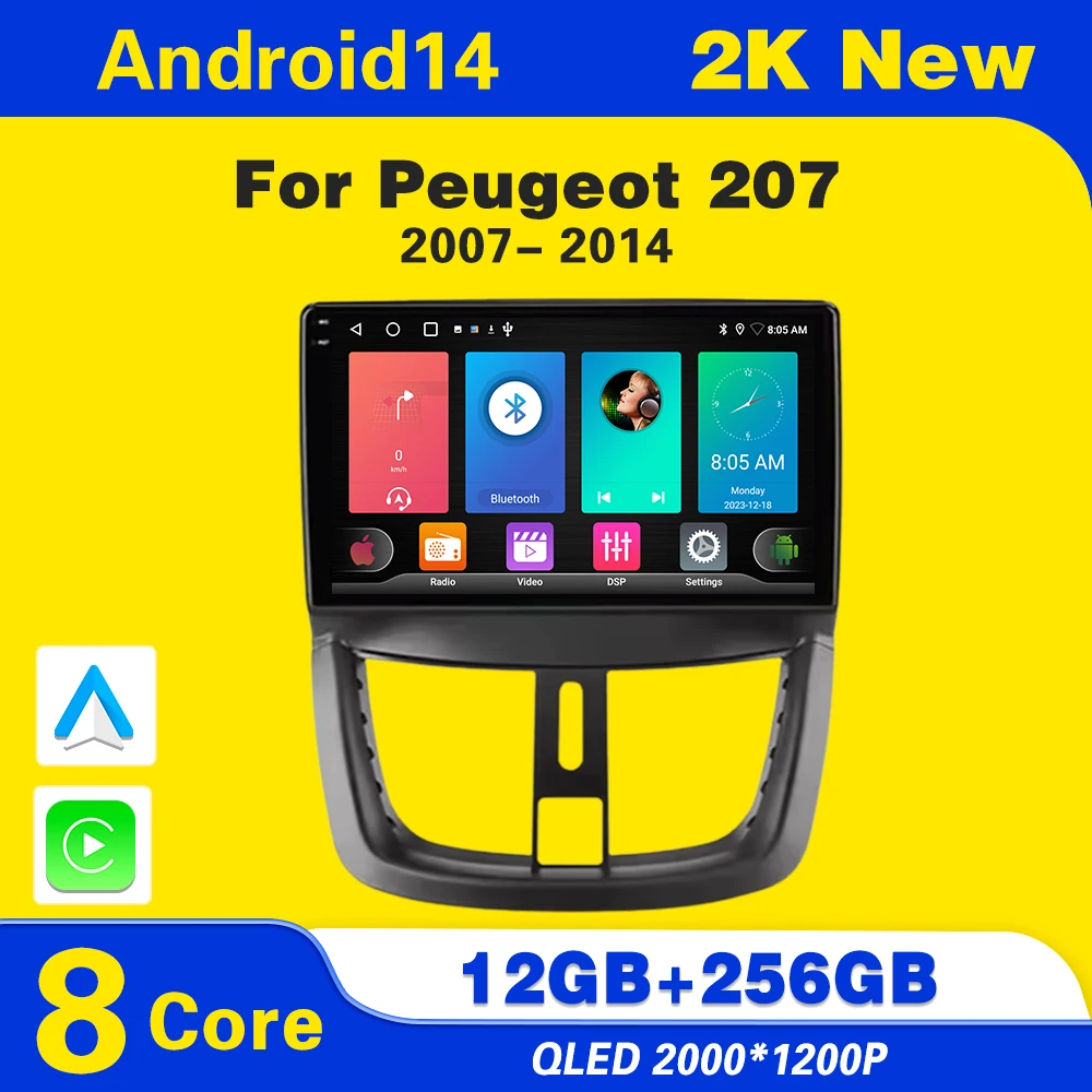 Android14  Car Radio for Peugeot 207 207CC 2006 2007 2008 2009 2010 2011 2012- 2015 CarPlay  Multimedia Auto Stereo Head Unit