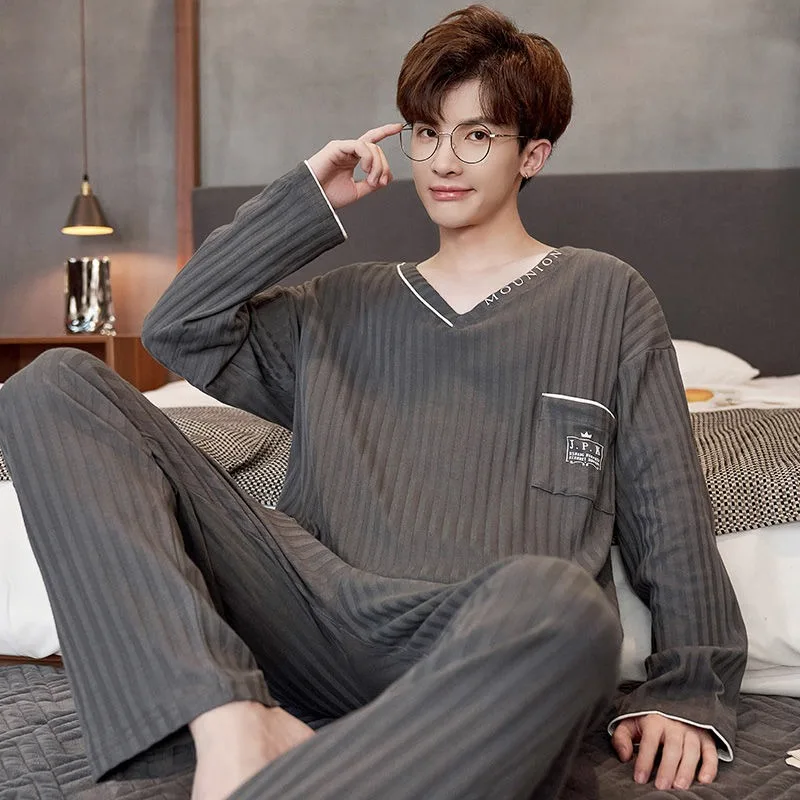 

2024 New Pure Cotton Pajamas Men's Long Sleeved Spring Autumn Sleepwear Youth Plus Size Loose Loungewear Student Homewear Set