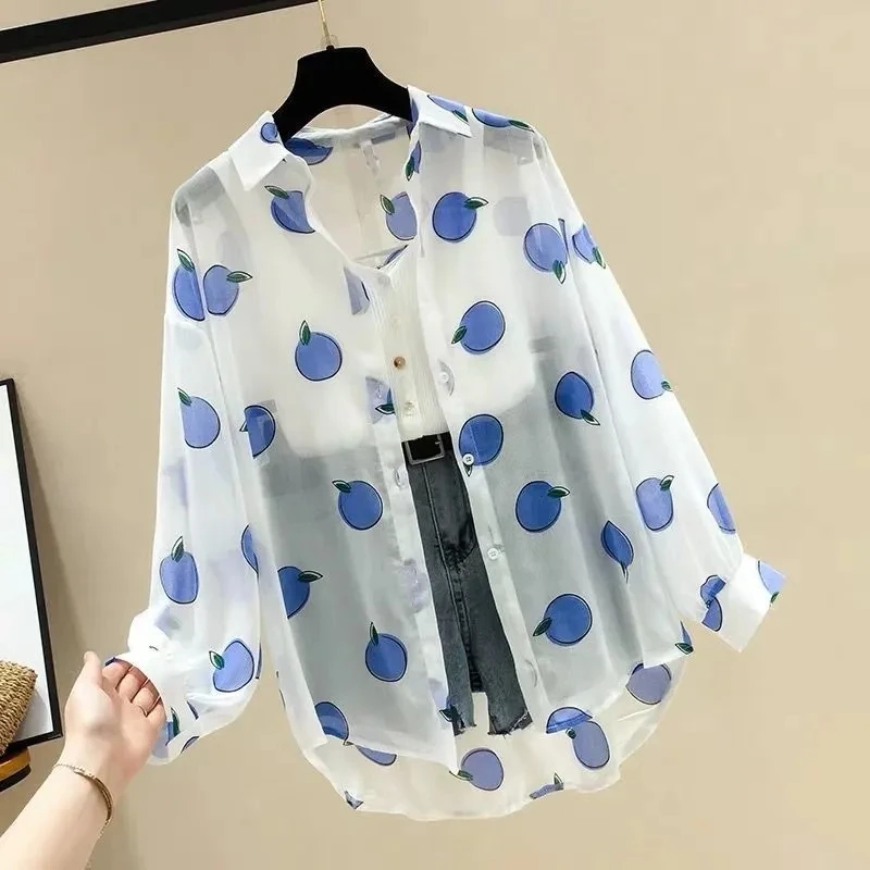 2024 Summer Women fruits Print Sunscreen Shirt Orange Blue Green Long-sleeve Chiffon Coat Casual Loose Femme