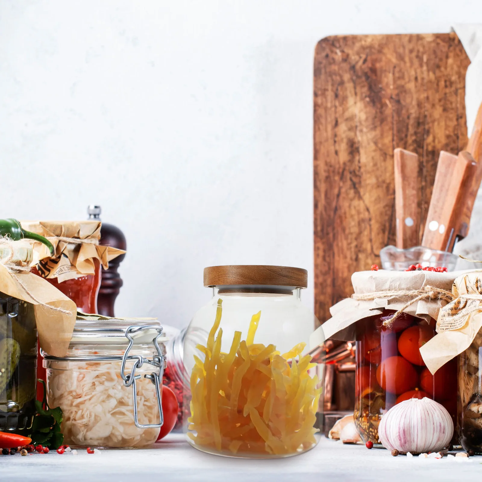 

Airtight Food Canister Glass Storage Jar with Wood Lid for Tea Coffee Candies Dry Food Kitchen Pantry Organizer Household