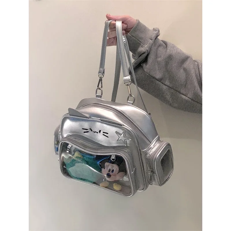 Ita Bag Cool Y2k Korean Harajuku Silver Cat Travel Bags Shoulder Bag Kawaii Cartoon Cat Schoolbags Sweet Preppy Japanese Transp