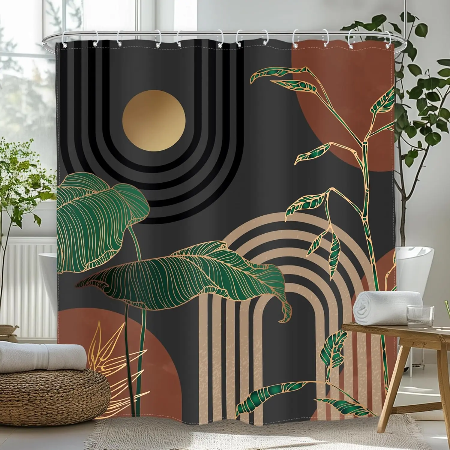

Dark Abs act Ex a Long Shower Curtain Boho Mid Century Re o opical Palm ee Sun Brown Modern Bathroom Simple Geome