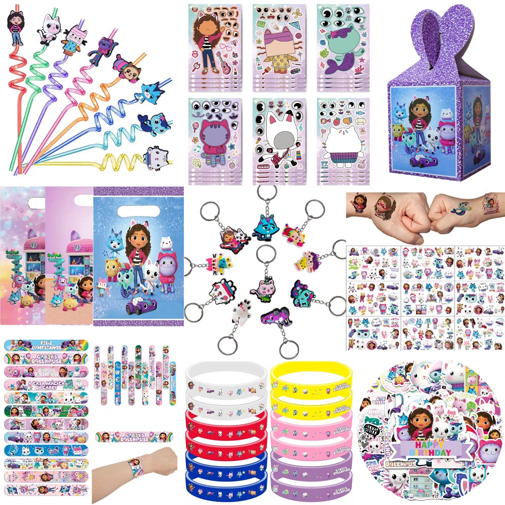 Cadeaux de fête Gabby Dollhouse : Autocollants tatouages chat, porte-clés, bracelets, sacs cadeaux, récompenses pour la classe, remplissages de piñata pour anniversaire, cadeaux