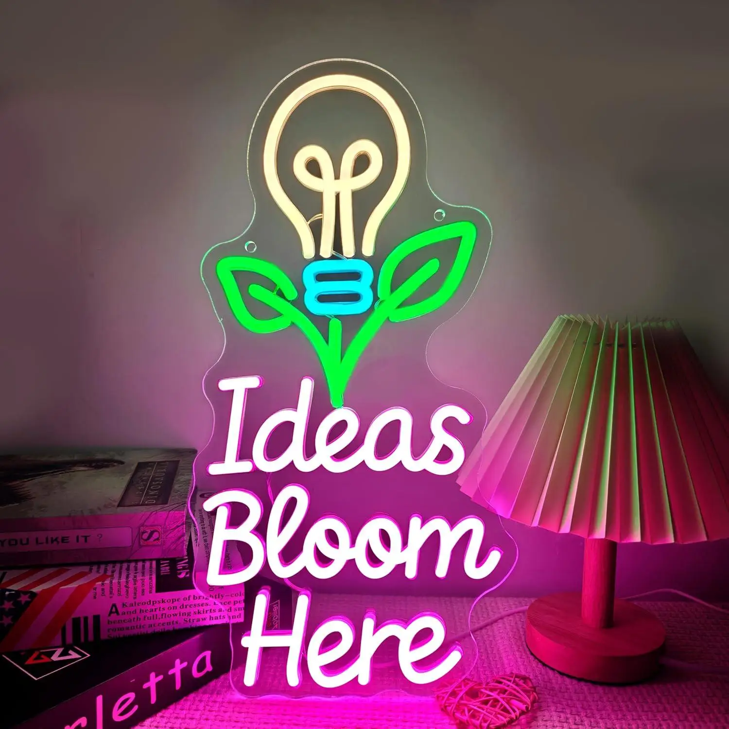 Ideas Bloom Here Neon Sign USB Dimmable LED Neon Light for Home Office Studio Classroom Dorm Motivational Creative Neon Wall Art