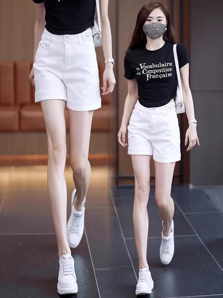 

White Pure Cotton Soft Denim orts Women Summer Thin High Waist Loose Straight Leg Wide Leg Five-Quarter Pants
