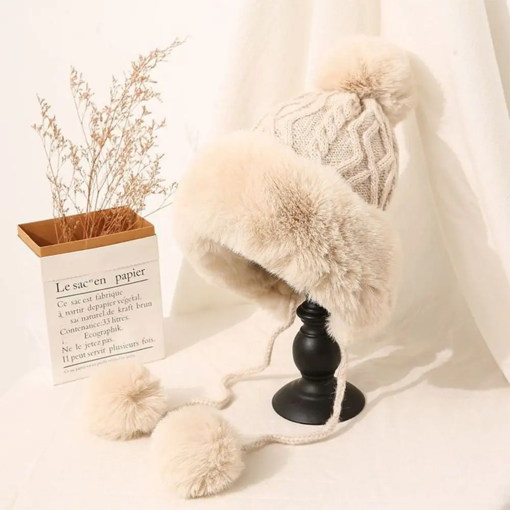 

Personality Faux Fur Ear Protection Hat Keep Warm Woolen Knitted Beanie with Pompom Ball Solid Color Winter Plush Hat Outdoor