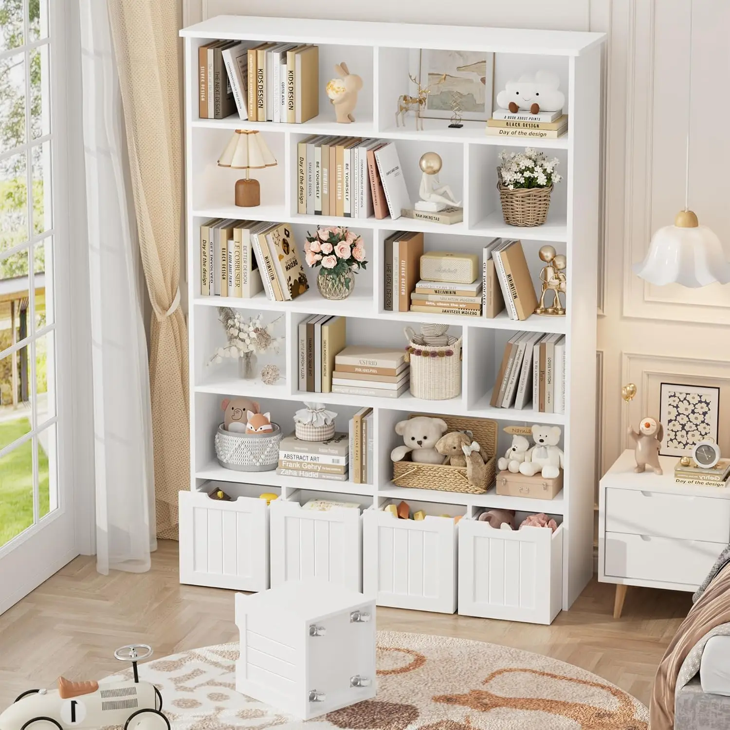 منظم تخزين الألعاب 69 ساعة، رف كتب للأطفال بطول 6 طبقات مع 4 أدراج متحركة و12 مكعب تخزين، جهاز لعبة بقوة 49.4 وات