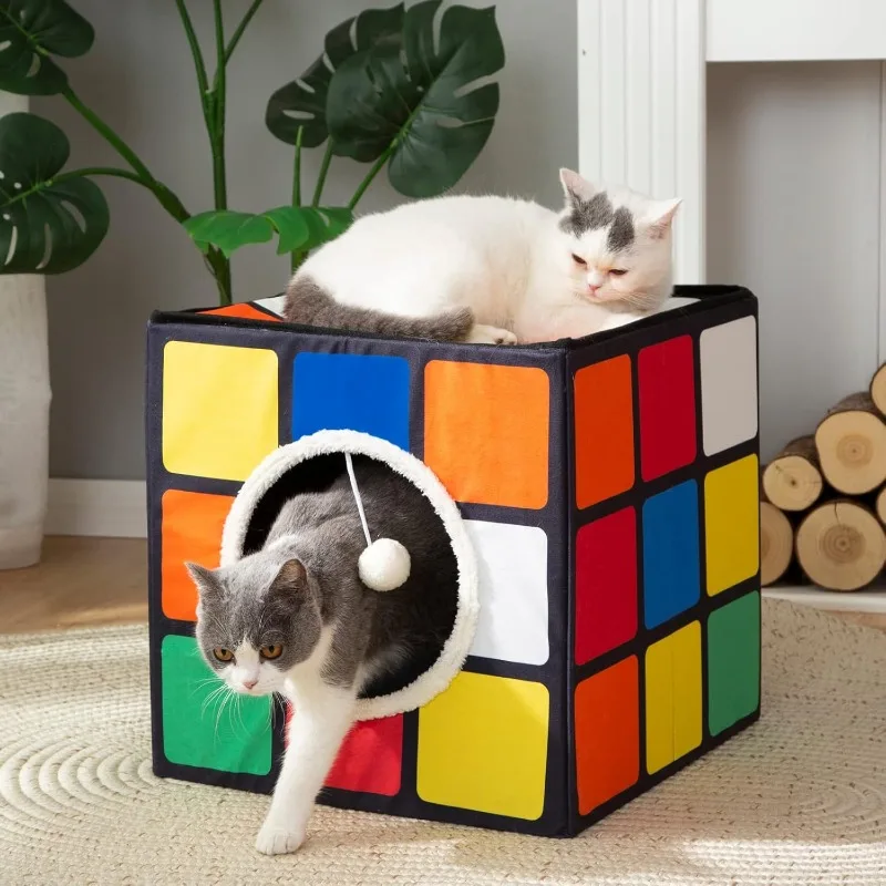 

Cat Condo House with Reversible Cushions and Fluffy Ball Hanging, Foldable Magic Cube, Large Cave Bed for Indoor Cats,