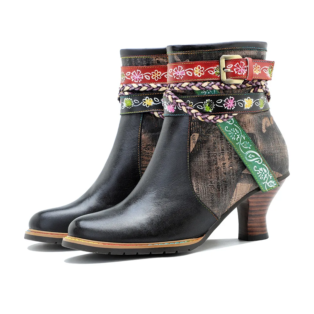 

Socofy Raffan Handmade Color Rubbed Leather Vintage Braided Belt Buckle Fashion Women's Ankle Boots