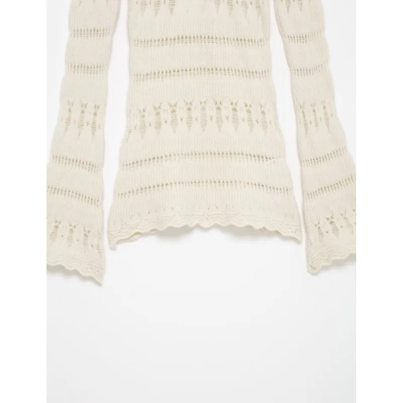 Frühling Frauen Pullover mit Durchbrochene weg von der Schulter Stricken Casual Weibliche Pullover Lange Ärmel Ausgestelltes Saum Weibliche Chic Tops