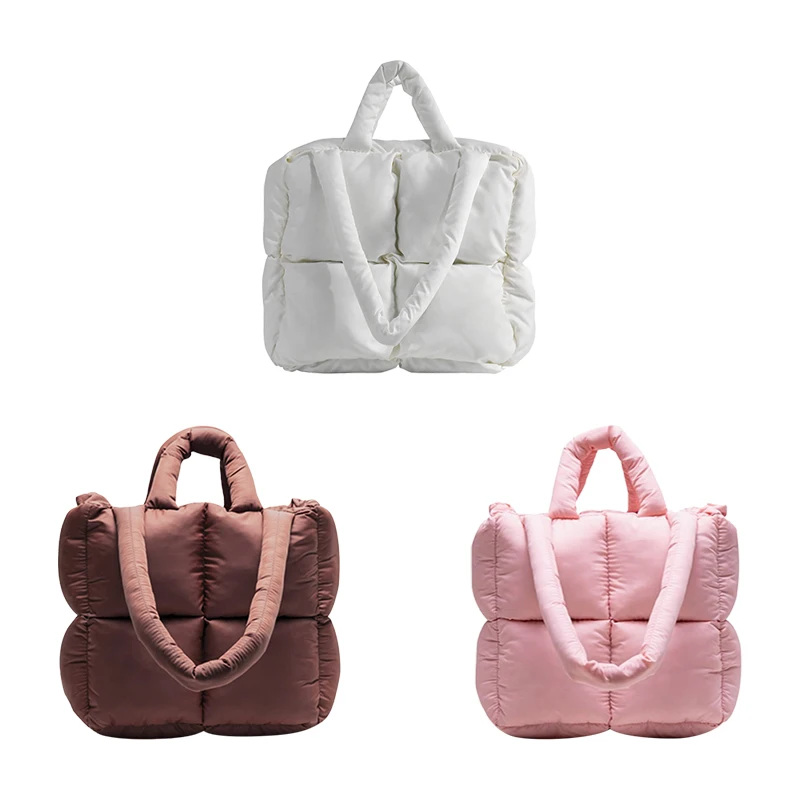 Women Retro Checkered Quilted Shoulder Bag Solid Color Winter Soft Handbags Soft Tote Handbags