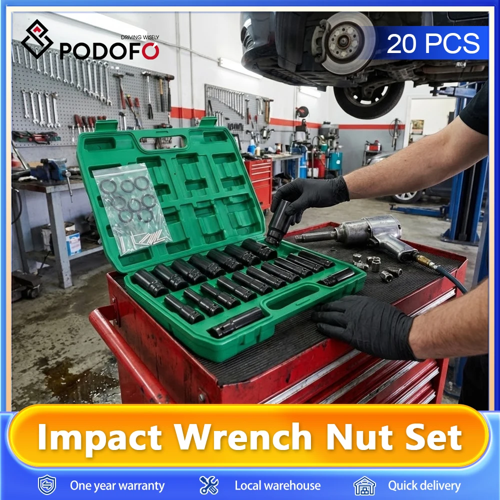 Podofo 20 pièces 1/2 pouces jeu de douilles d'entraînement 6 points conception hexagonale jeu de douilles à percussion clé à chocs jeu de clés à écrou douille à percussion 8-32mm