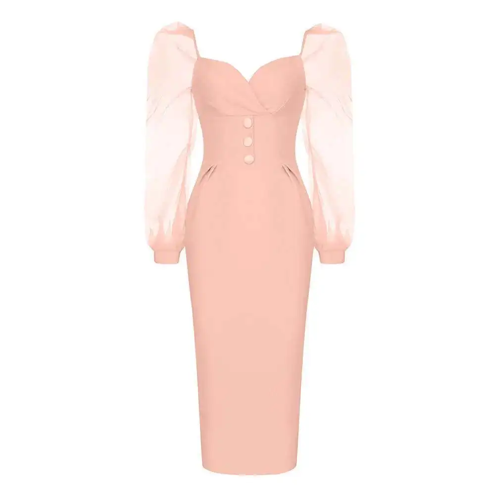 エレガントな女性の小包包帯 V ネックバブルスリーブボディコンミディドレス新しいセレブテールイブニングパーティー Vestidos