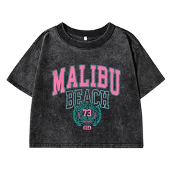 Womans Cotton Crop Tees Trend O-Neck Distressed Washed T-Shirts Malibu Beach Simple Letter Printing Tops Street Female Clothes