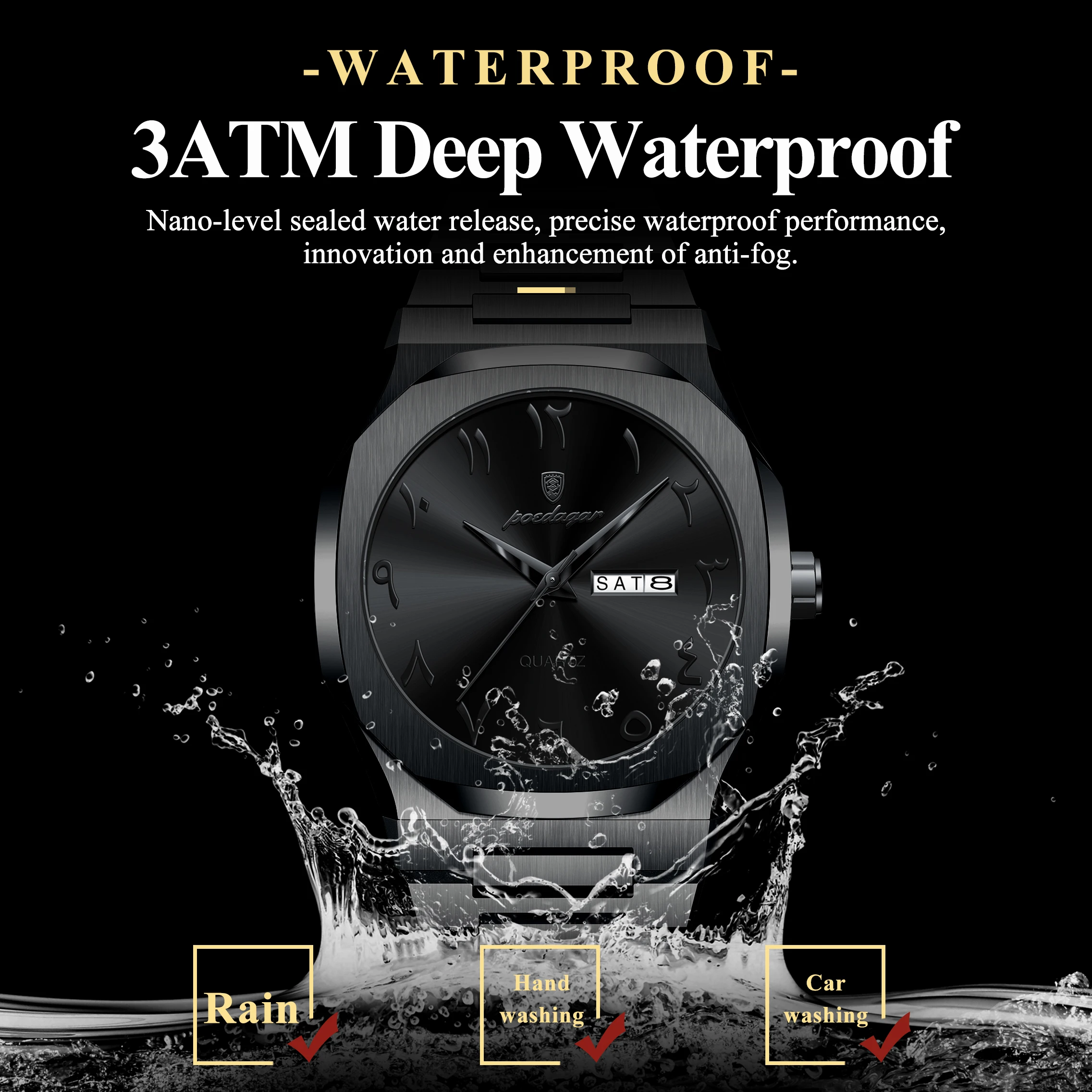 POEDAGAR Military Watch For Men Waterproof Luxury Week Calendar Man Wristwatch Quartz Stainless Steel Fashion Men's Watches Male